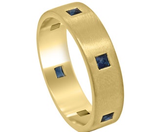 French Sapphire Men's Wedding Band 6mm wide, 14k Yellow Gold, Satin Finish, Contemporary Style, Modern Men's Ring