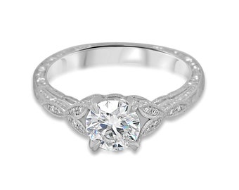 Edwardian Verlobungsring, Forever One Moissanite Ring, Diamant Filigran Ring, Blatt Hand gravierter Ring, Rolle Sculpted Gold Platin Ring