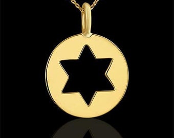 Cut Out Gold Star of David Necklace, Star of David Charm Disc Pendant, Judaism Symbol Star Necklace, Solomon's Sea Star Necklace,Gold Charm