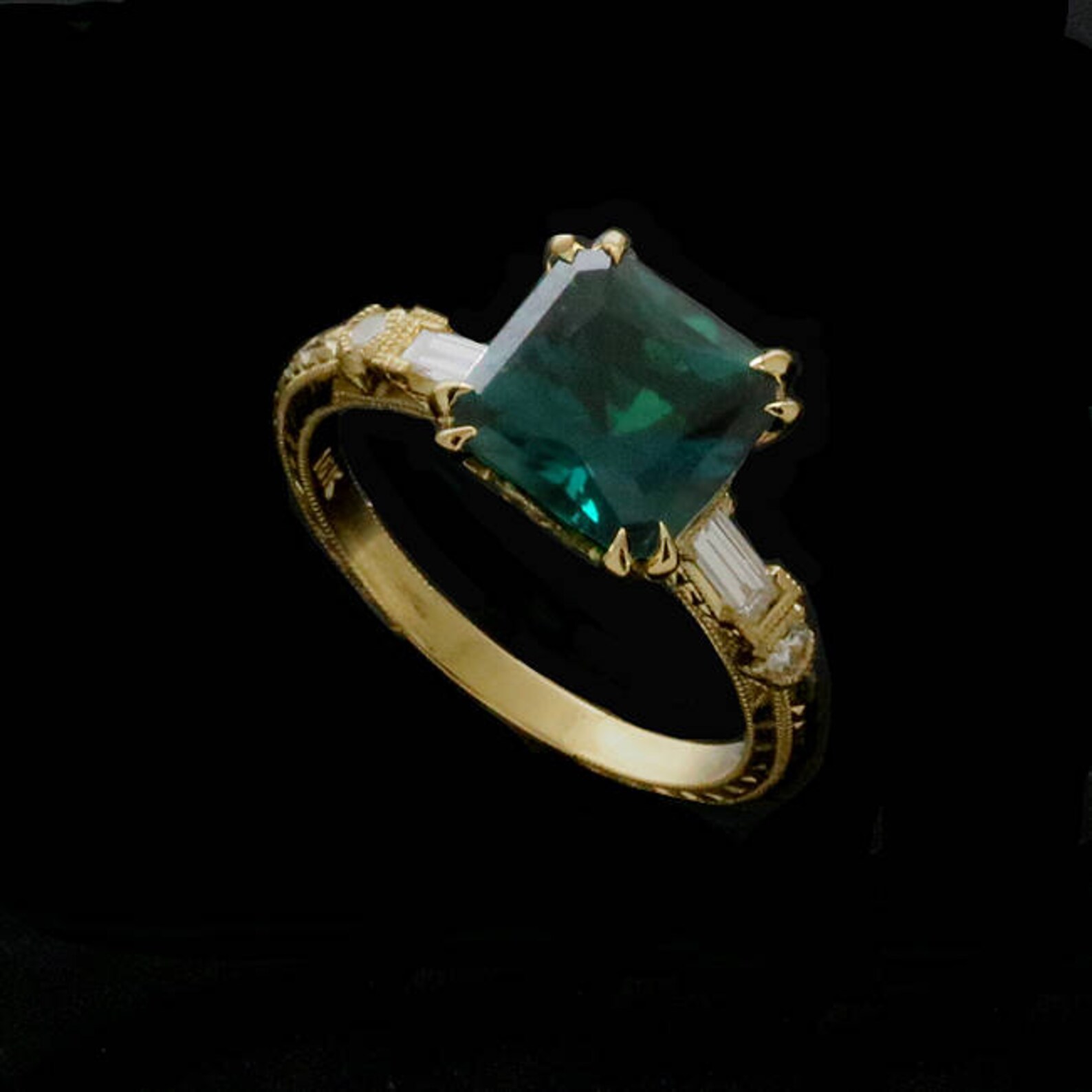 Synthetic Emerald Engagement Ring Diamond Baguettes Yellow Etsy