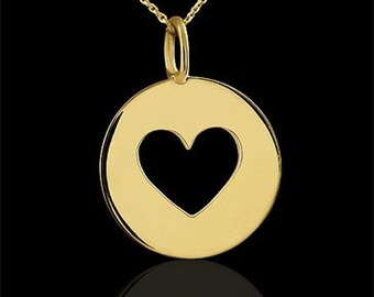 Heart Disc Necklace, Cut Out Heart Pendant, Gold Love Sign Pendant, Valentines Day Gift, Symbol Of Love Gold Pendant, Gift For Loved One