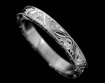 Art Deco Wedding Band, Engraved Women's Wedding Ring, Vintage Inspired Flat Band, Scroll Milgrain Wedding Ring,14K Gold Platinum Ring 2.85mm