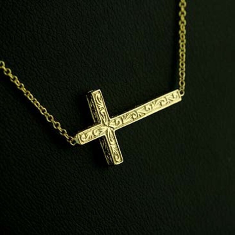 Sideways Engraved Cross Necklace Religious Symbol Cross Etsy