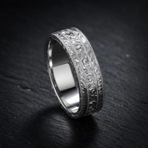 Art Deco Men’s Wedding Band Hand Engraved Flat Antique Replica Ring, Two-Pattern Vintage 14K Gold, Platinum or Palladium Band