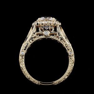 Vintage Filigree Ring, Forever One Moissanite Ring, Halo Diamond Engagement Ring, Hand Engraved Sculpted Ring, Round Halo Engagement Ring