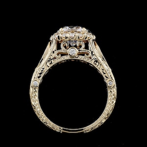 Vintage Filigree Ring, Forever One Moissanite Ring, Halo Diamond Engagement Ring, Hand Engraved Sculpted Ring, Round Halo Engagement Ring