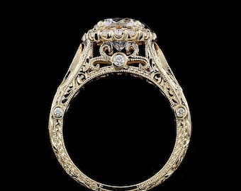 1.5ct Round Lab Diamond Vintage Filigree Ring,  Manmade Diamond Engagement Ring, Hand Engraved Certified Sculpted Ring, Halo Art Deco Ring