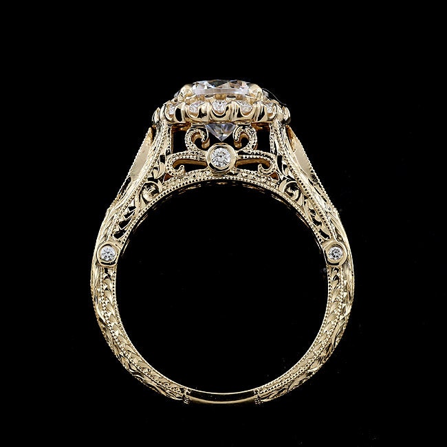 Vintage Filigree Ring, Colorless Moissanite Ring, Halo Vintage Filigree Ring, Colorless Moissanite Ring, Halo