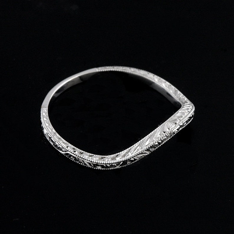Deep Curved Engraved Thin Gold Band