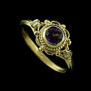 Victorian Amethyst Engagement Ring, Diamond Bezel Set Anniversary Ring, Vintage Filigree Design Ring, Twisted Yellow Gold Engagement Ring image 1