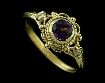 Victorian Amethyst Engagement Ring, Diamond Bezel Set Anniversary Ring, Vintage Filigree Design Ring, Twisted Yellow Gold Engagement Ring