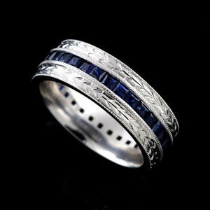 Sapphire Comfort Fit Men's Wedding Band, Princess Cut Sapphire, 7mm Band, Engraved Art Deco Style , Gold Palladium Band