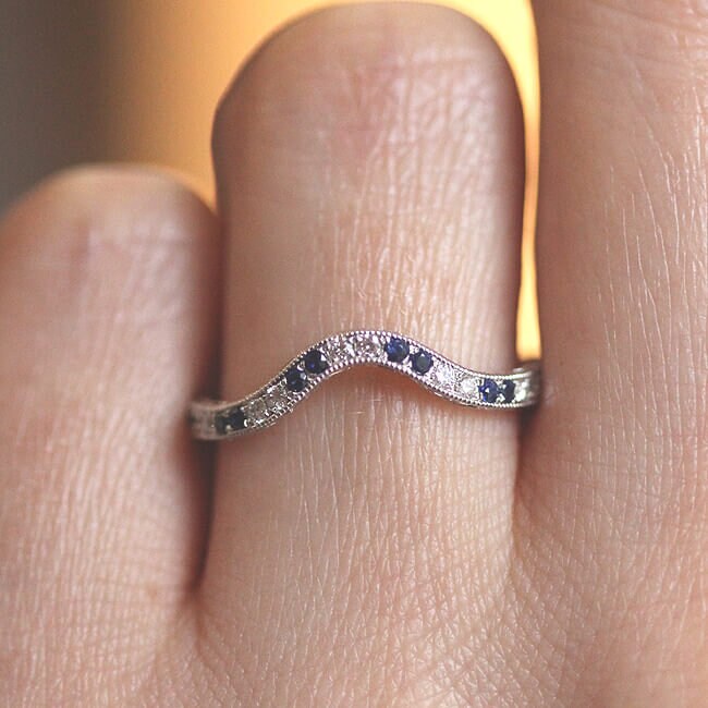 Diamond Sapphire Wedding Band Curved Wedding Ring Contour