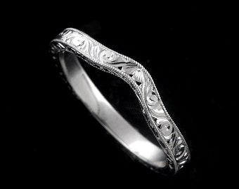 Contour Silver Wedding Band, Vintage Style Wedding Ring, Engraved Wedding Ring, Curved Wedding Ring, Antique Style Silver Band, Silver Band