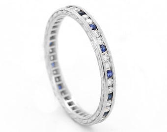 Diamond and Sapphire Vintage Eternity Ring 2mm, Engraved Stackable Diamond Band, Channel 2 x 1 Diamond and Sapphire Wedding Band, OroSpot