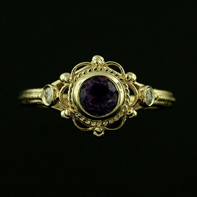 Victorian Amethyst Engagement Ring, Diamond Bezel Set Anniversary Ring, Vintage Filigree Design Ring, Twisted Yellow Gold Engagement Ring image 2