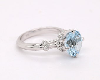 Hidden halo 10mm Aquamarine Engagement Ring, Pave Set Diamonds Proposal Ring, Contemporary Style Color Stone Ring, unique Ring