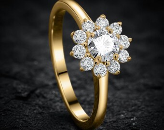 Lab Diamond Flower Engagement Ring, Floral Halo, 14k Gold Platinum Delicate Band