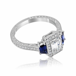 Emerald Moissanite Ring, Emerald Halo Diamond Engagement Ring, Side Trapezoid Sapphire Ring, Hand Engraved Step Cut Sapphire Ring