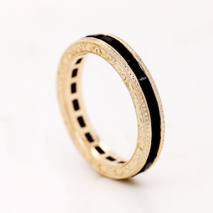 Vintage onyx Eternity band, Antique Baguette Ring, Hand Engraved Wedding Ring Band, 14k Yellow Gold, Black Wedding Ring