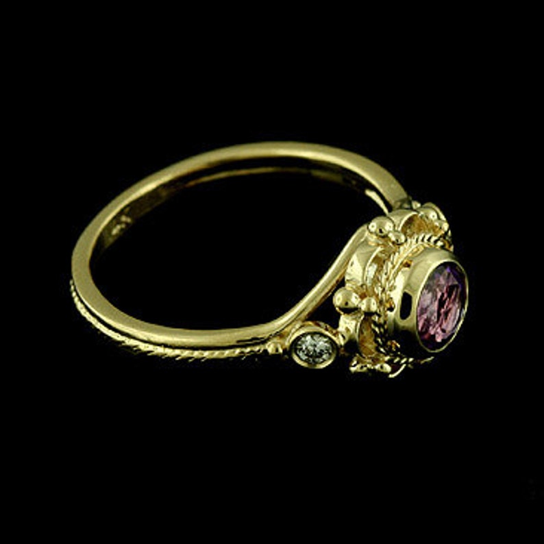 Victorian Amethyst Engagement Ring, Diamond Bezel Set Anniversary Ring, Vintage Filigree Design Ring, Twisted Yellow Gold Engagement Ring image 3