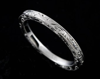 Engraved Wedding Ring, Art Deco Wedding Band, Scroll Milgrain Flat Wedding Ring,Straight Women&#39;s Wedding Ring, Gold Nickel Free Platinum 2mm