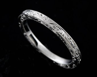 Engraved Wedding Ring, Art Deco Wedding Band, Scroll Milgrain Flat Wedding Ring,Straight Women's Wedding Ring, Gold Nickel Free Platinum 2mm