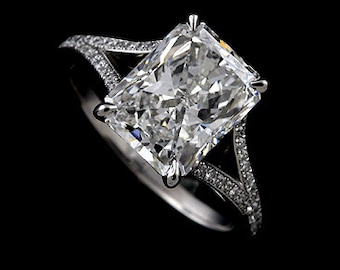 Radiant Moissanite Ring, Split Shank Engagement Ring, Micro Pave Diamond Ring, Radiant Cut Forever One Ring, Gold Platinum Modern Style Ring