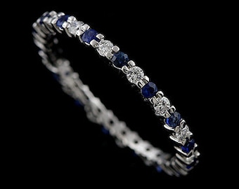 Diamond Sapphire Wedding Band, Blue Sapphire Wedding Ring, Shared Prong Wedding Band, Eternity Stackable Band, Thin Gold Wedding Band 1.8mm