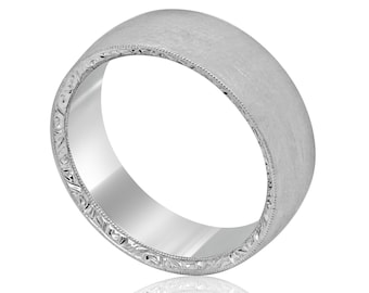 Domed Men's Wedding Ring with hand Engraving on Sides and Matte Finish, 8mm Wide, Gold, platinum and Palladium