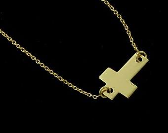 Sideways Cross Necklace, Religious Symbol Cross Pendant, Off Side Cross, Horizontal Cross, Christianity Symbol Necklace, Lobster Clasp Chain