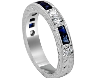 Art Deco French Cut Sapphire and Diamond Wedding Band 14k White Gold 3.5mm Wide, Hand Engraved