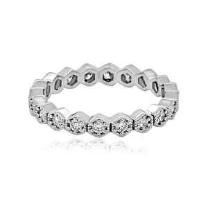 Fede nuziale esagonale con diamanti, anello dell'eternità Milgrain, fede nuziale geometrica in oro bianco in stile antico, fascia impilabile da 3 mm