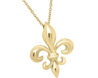 Fleur De Lis Necklace, Yellow Gold Pendant, Flowers Of The Lily Necklace, Cable Chain Lobster Clasp Necklace, Floral Necklace