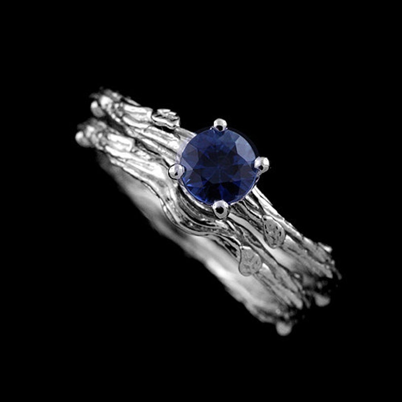 Nature Inspired Engagement Ring, Round Blue Sapphire Ring, Tree Branch Engagement Ring, Leaf Motif Solitaire Ring, 14K Gold Organic Ring image 3