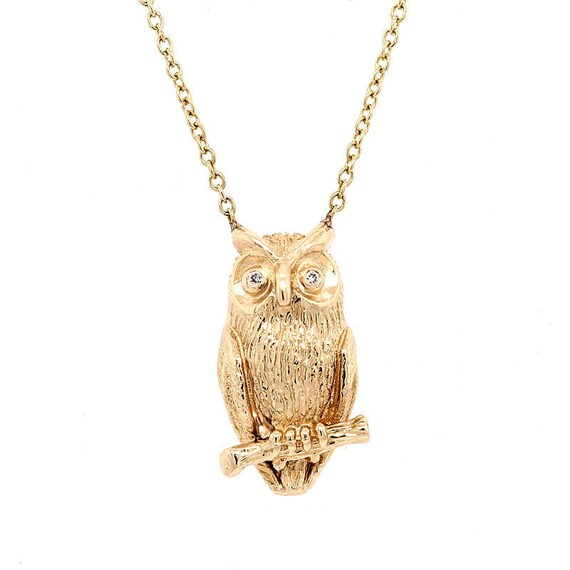 Yellow Gold Owl Necklace Diamond 