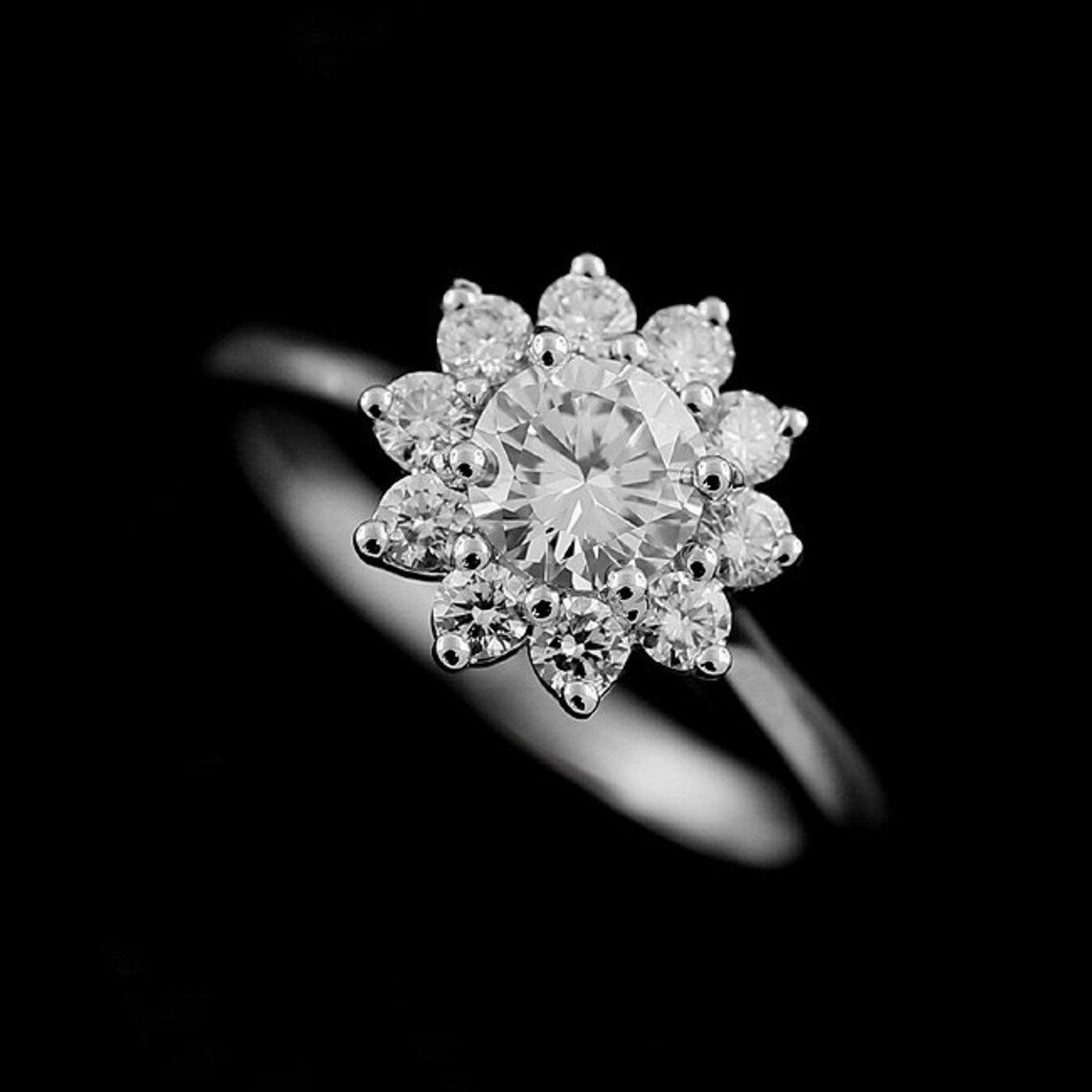 Diamond Engagement Ring Flower Halo Ring Natural Round Etsy
