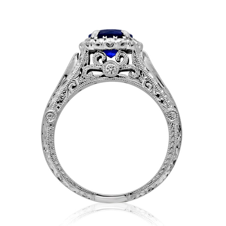 Filigree Sapphire Engagement Ring, Diamond Halo Ring, Antique Style ...