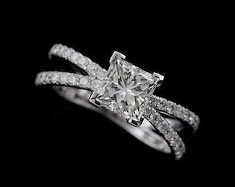 Princess Cut Moissanite Ring, Split Double Shank Engagement Ring, 1CT Princess Cut Forever One Ring, Diamond Gold Platinum Modern Style Ring