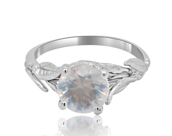 Moonstone Engagement Ring, Nature Inspired Leaves Ring, Unique Solitaire Engagement Ring, Sculpted Gold Ring, Faceted Moonstone Leaf Ring