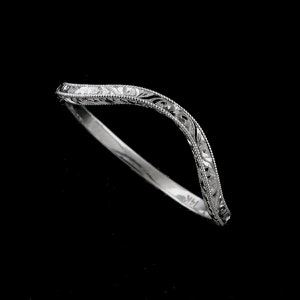 Deep Curved Ring, Vintage Ring Enhancer, Contour Wedding Band, Engraved Thin Band, Silver, Gold, Platinum, Made in USA