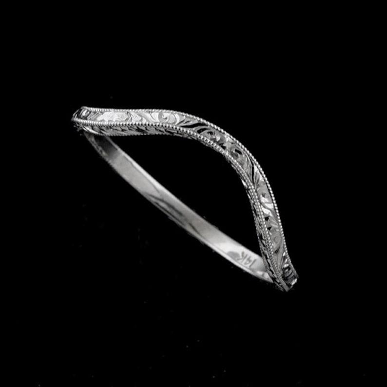 Deep Curved Engraved Thin Gold Band