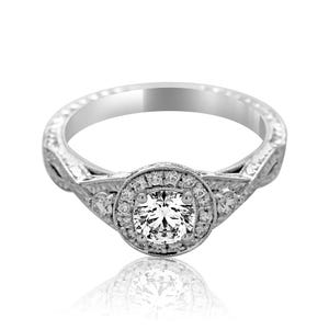 Vintage Diamond Engagement Ring, Art Deco Halo Diamond Ring, Braided Engagement Ring, Antique Style Hand Engraved Ring