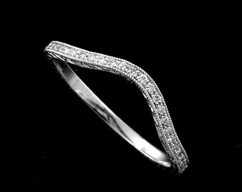 Platinum Vintage Curved Band With Diamonds, Hand Engraved, Made in US, Ring Guard, Ring Enhancer, 2 left
