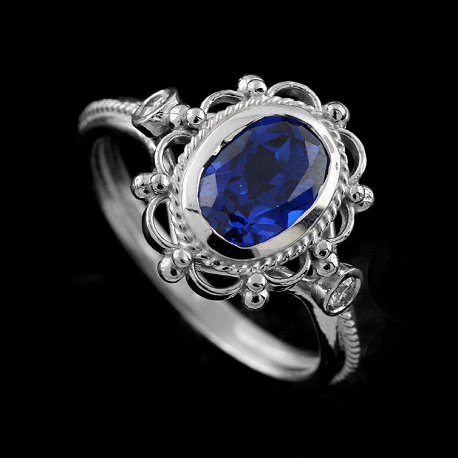 Oval Sapphire Ring, Blue Sapphire Engagement Ring, Filigree Diamond