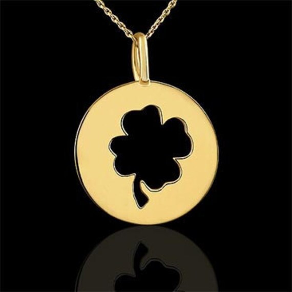 Clover Disc Necklace, Lucky Clover Charm Pendant, Shamrock Disc