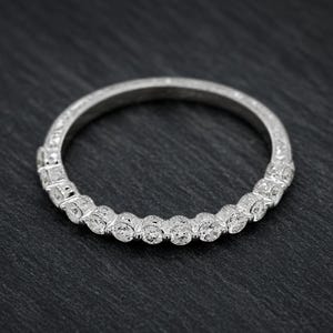 Antique Hand Engraved 14K White Gold Diamond Wedding Band