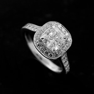 Cushion Halo Ring Setting, Diamond Engagement Ring, Half Way Pave Diamond Ring, Milgrain Contemporary Style Ring, Cushion Cut Ring Mounting