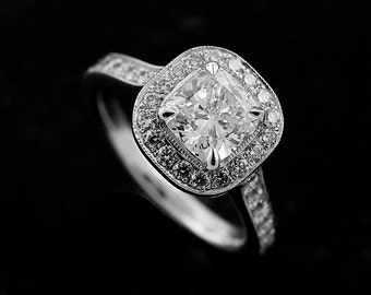 Cushion Halo Ring Setting, Diamond Engagement Ring, Half Way Pave Diamond Ring, Milgrain Contemporary Style Ring, Cushion Cut Ring Mounting