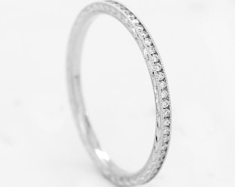 Super Thin Vintage Diamond Eternity Band 1.4mm, Platinum Stack-able Wheat Engraved Channel Band OroSpot